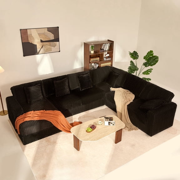 BIGSYY 139" U-Shaped Sectional Sofa, 7-Seater Modular Cloud Couch for Large Families & Guests with Corduroy Upholstery, Left Facing Chaise, Black