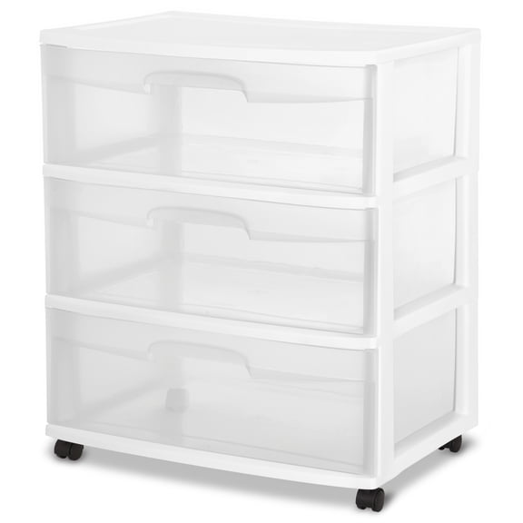 Sterilite 3 Drawer Wide Cart, Clear Plastic Storage Drawers, Wheels Included, White