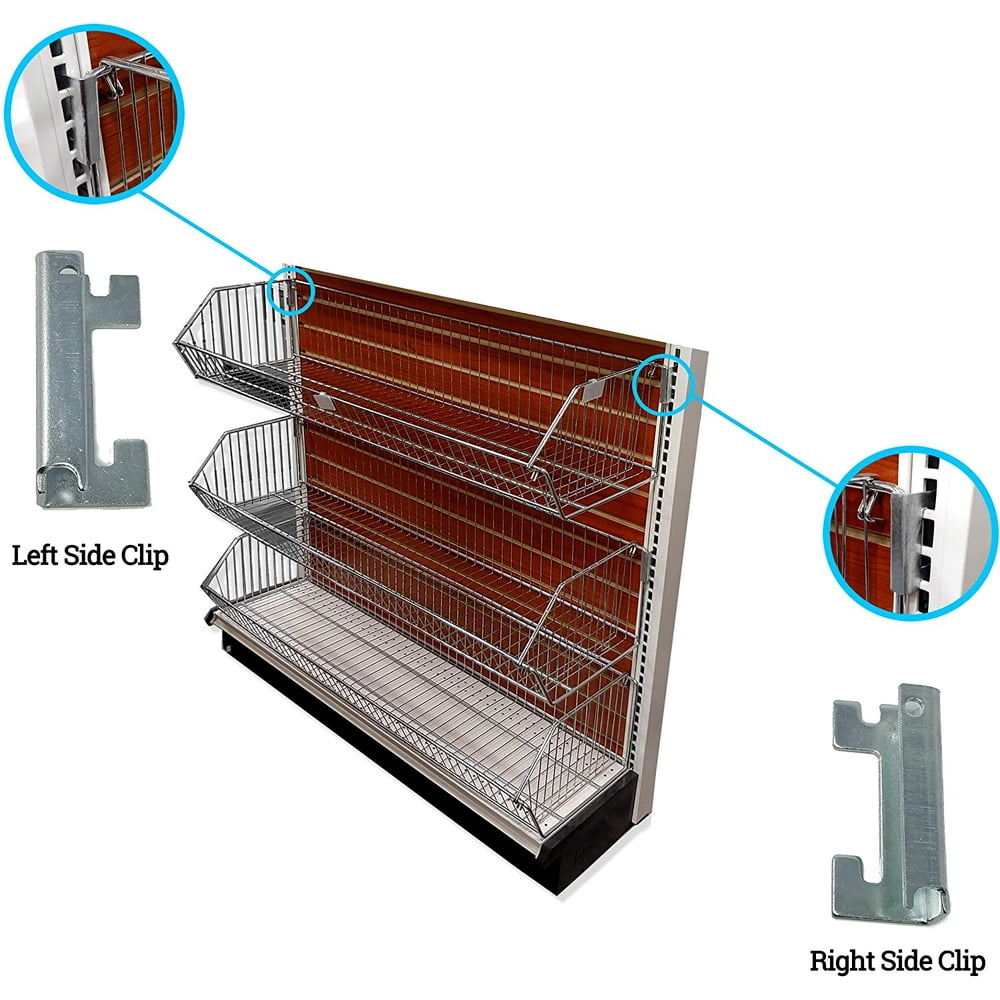 Open End Basket Holding Clips to Hold Wire Baskets on Gondola Shelf Upright, Left & Right Clips