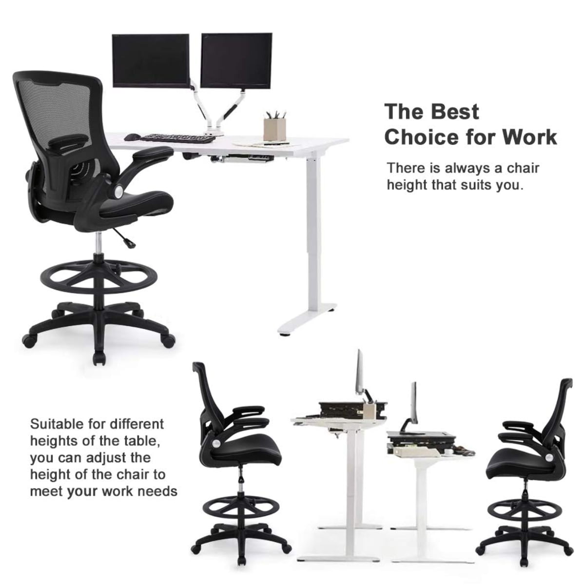 NiamVelo Drafting Chair  Tall Office Chair with Lumbar Support Footrest Ring Flip up Arms for Standing Desk, Swivel Rolling Mesh Chair Height Adjustable  Desk  Chair, Black