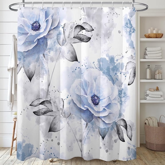 Blue Flowers and Grey Leaves Shower Curtain Sets,Watercolor Rose Floral Bathroom Curtains,Modern Minimalist Bath Curtain, Waterproof Fabric with 12 Hooks 72x72 Inches