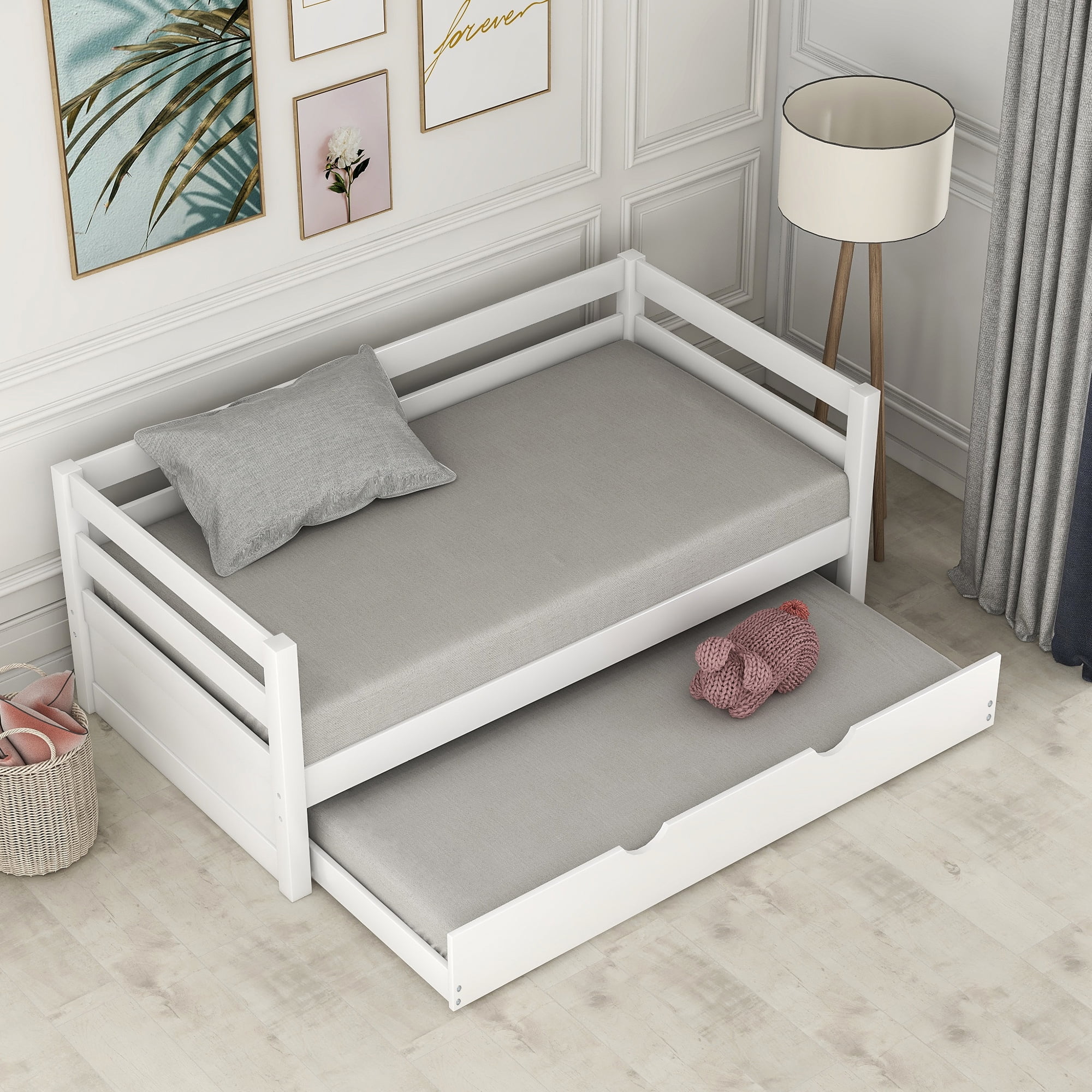 EUROCO Solid Wood Daybed with Trundle, Twin for Kids Bedroom, White