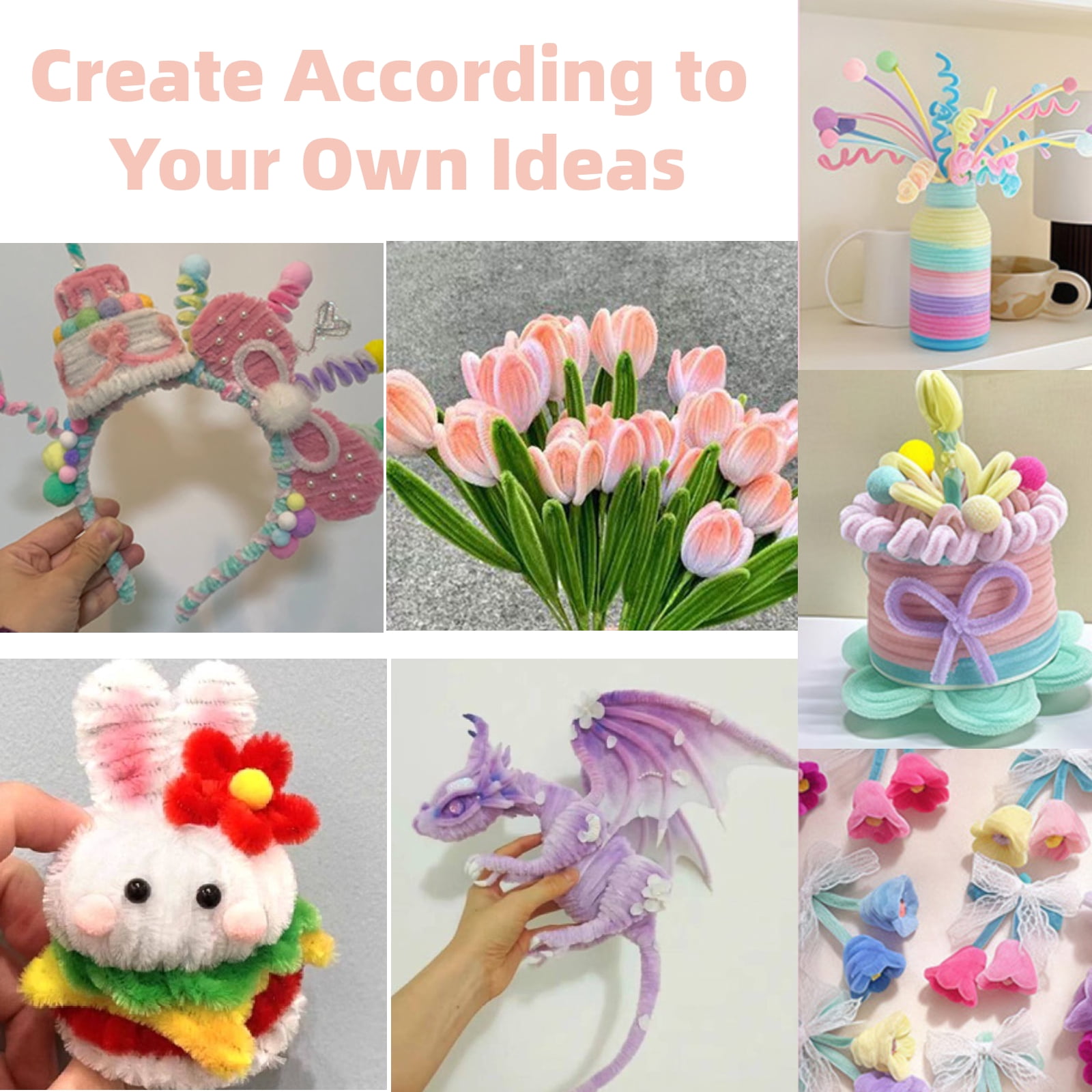 Pink & Green Pipe Cleaners for DIY Flowers & Crafts – 500 PCS 5 Colors Chenille Stems with Glue Guns & Tape Measure – Perfect for Family Fun & Creativity, Holiday & Room Decorations