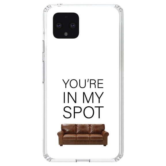 DistinctInk Clear Shockproof Hybrid Case for Google Pixel 4 XL (6.3" Screen) - TPU Bumper, Acrylic Back, Tempered Glass Screen Protector - Brown Couch "You're in My Spot"