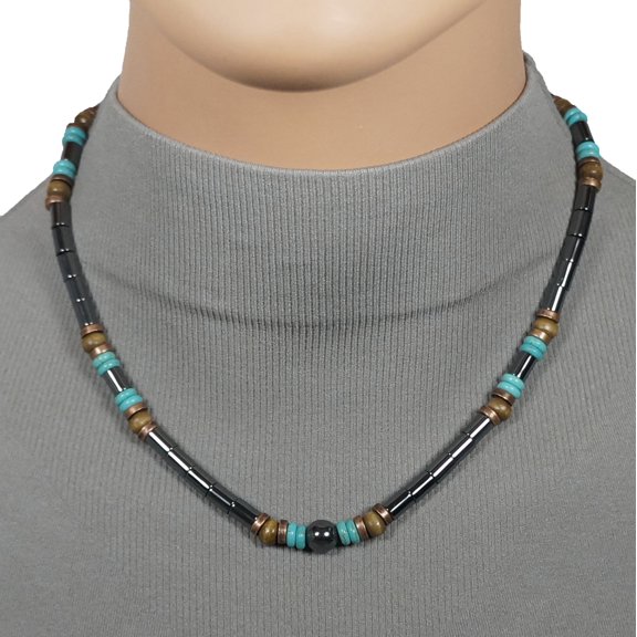 Handmade Unisex Hematite with Turquoise and Copper Bead Necklace – 18 inch