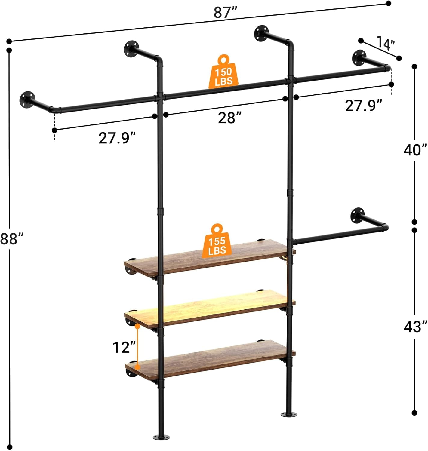 Homieasy Industrial Pipe Clothing Rack, Reversible 7.25FT Wall Mounted Clothes Rack, Heavy Duty Garment Racks Closet Wardrobe with LED Lights& Shelves, Walk-in Closet System, Rustic Brown