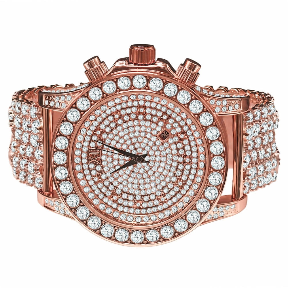 Fully Iced Out 14K Rose Gold Tone Simulated Diamonds Solitaire Luxury Bling Master Custom Watch W/Date Function Fully Iced Out 14K Rose Gold Tone Simulated Diamonds Solitaire Luxury Bling Master Custom Watch W/Date Function