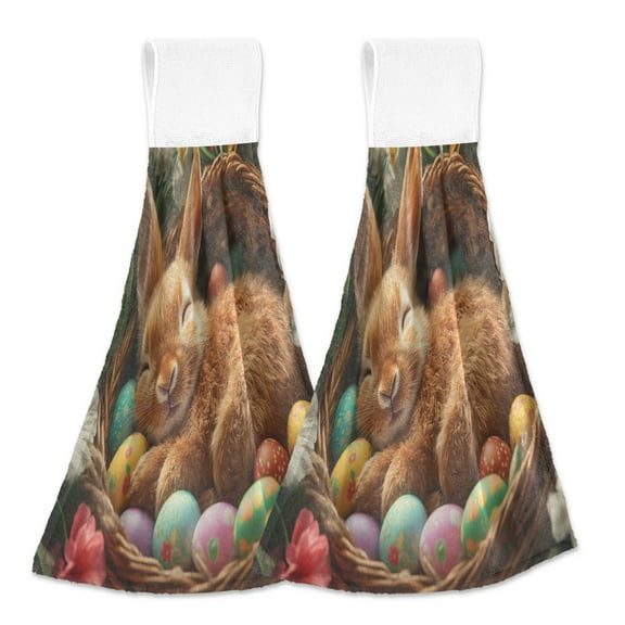 BZSMCE Hanging Hand Towels Fashion Bunny Sleeping with Easter Eggs Pattern 2-Pack - Velcro Style Bathroom Kitchen Towels