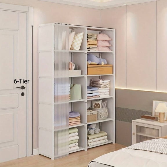 Freestanding Clothing Storage Rack, Open Wardrobe with Dust Cover Curtain