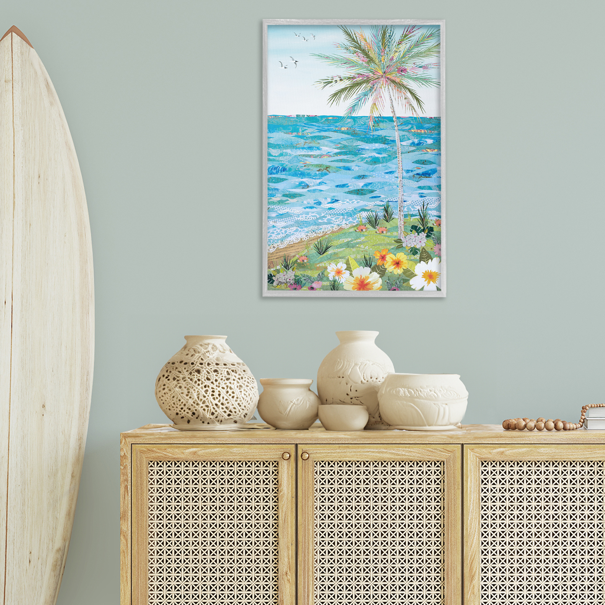 Stupell Industries Collaged Tropical Landscape Landscape Painting Gray Framed Art Print Wall Art, 20 x 30