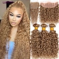 thumbnail image 1 of Paquete de cabello humano con cierre, extensiones de cabello rubio miel n. ° 27, 5x5 HD, ondas profundas de agua con Frontal, extensiones de cabello humano 100% crudo, Ofertas, 1 of 5