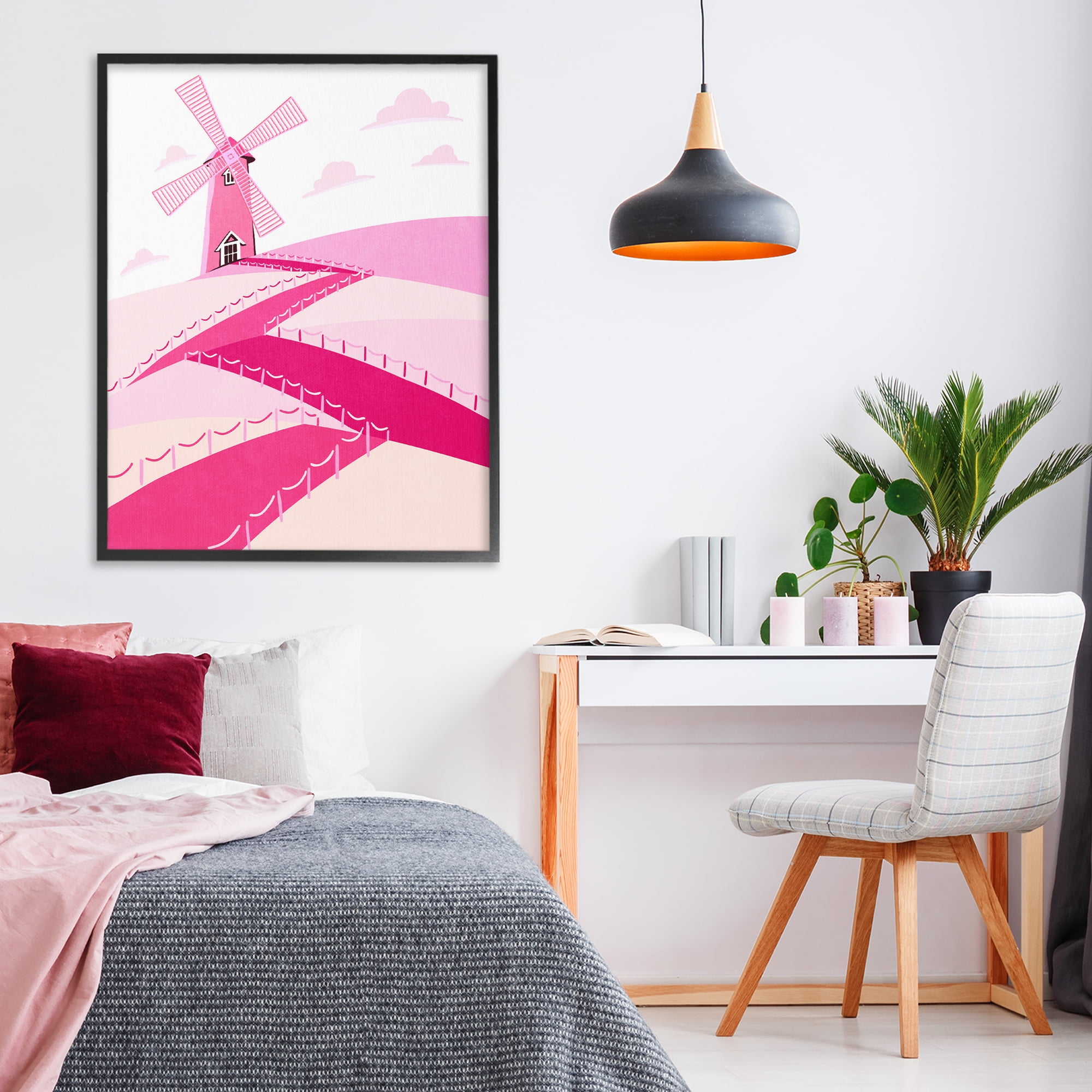 Pink Hills and Windmill Black Framed Giclee Art, design by Ziwei Li