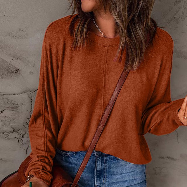HAiming Womens Casual Long Sleeve Shirts Fall Winter Oversized Solid Color Round Neck Tops Going out Basic Blouse