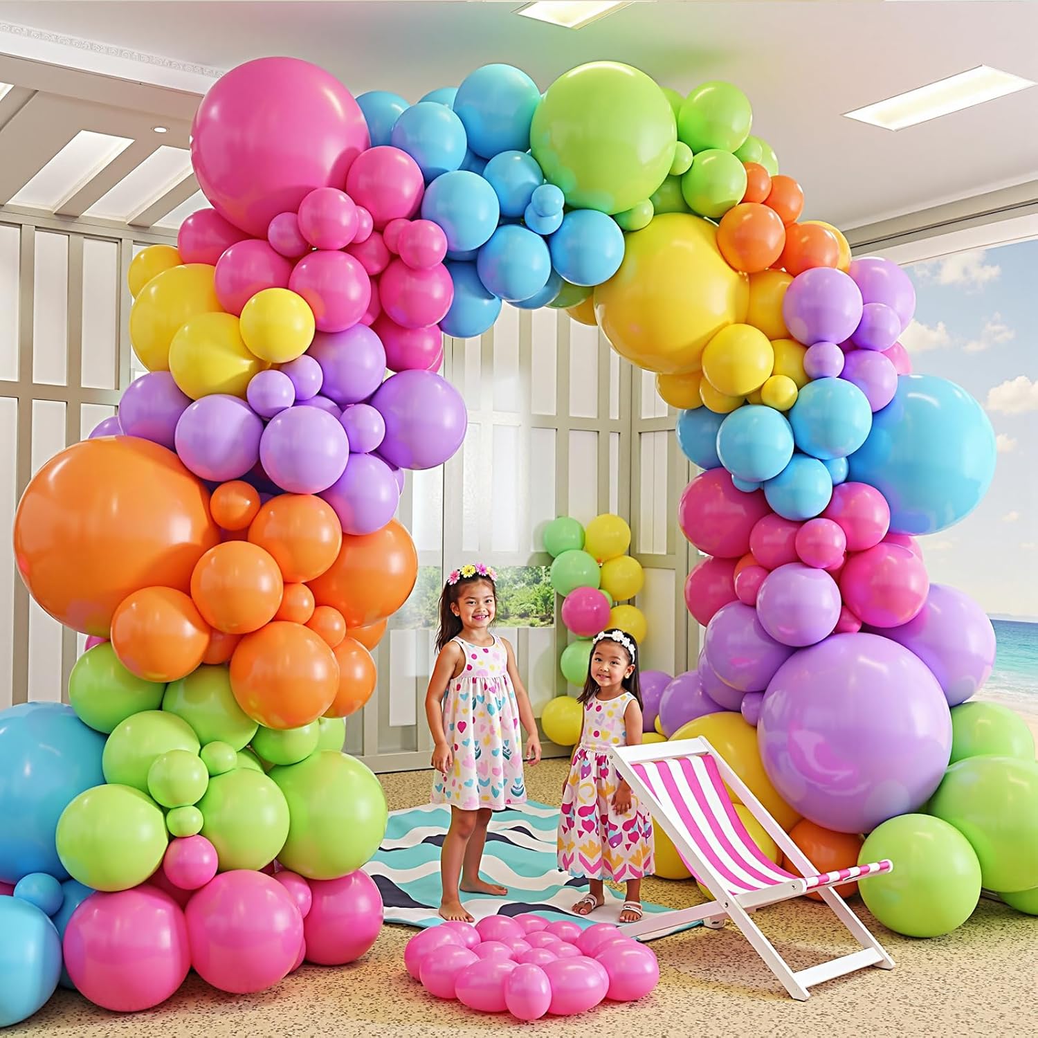 412pcs Summer Tropical Balloon Arch Garland Kit Different Sizes 18 12 10 5inch Rainbow Hot Pink Green Orange Blue Purple Balloons for Hawaiian Luau Aloha Baby Shower Birthday Party Decorations