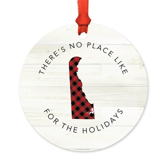 US State Round Metal Christmas Ornament, Red Plaid on Light Rustic Wood, Delaware, Includes Ribbon and Gift Bag