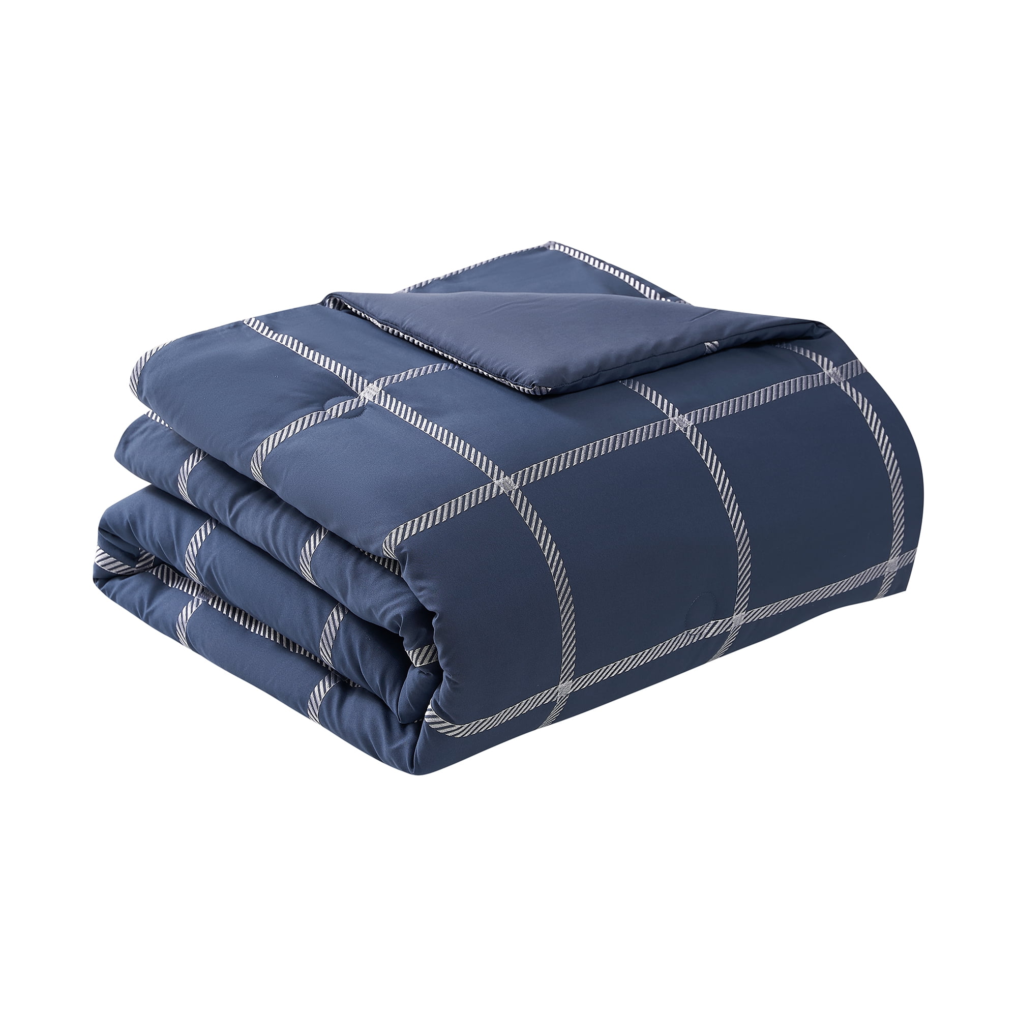 Mainstays Navy Windowpane 10 Piece Bed in a Bag Comforter Set with Sheets, Queen