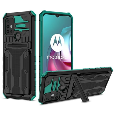 for Motorola Moto G30 6.5 inch Wallet Case, with Credit Card Holder Stand Kickstand Slim Rugged Shockproof Heavy Duty Defender Armor Military Grade Protective Phone Case - Darkgreen
