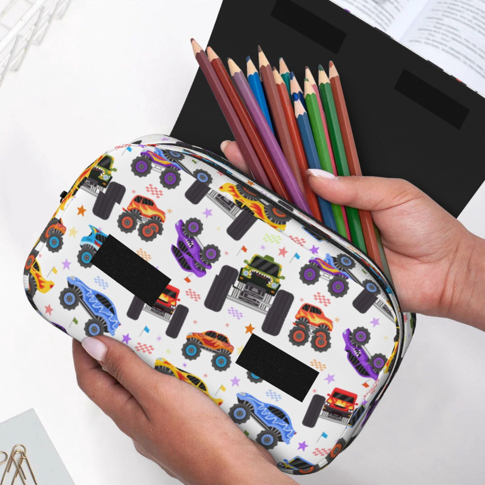 Rateoe Cartoon Monster Trucks1 Pattern Double Clamshell Pen Case, Storage Organizer with Two Zipper Compartments– Holds Up to 50 Pencils & Pens