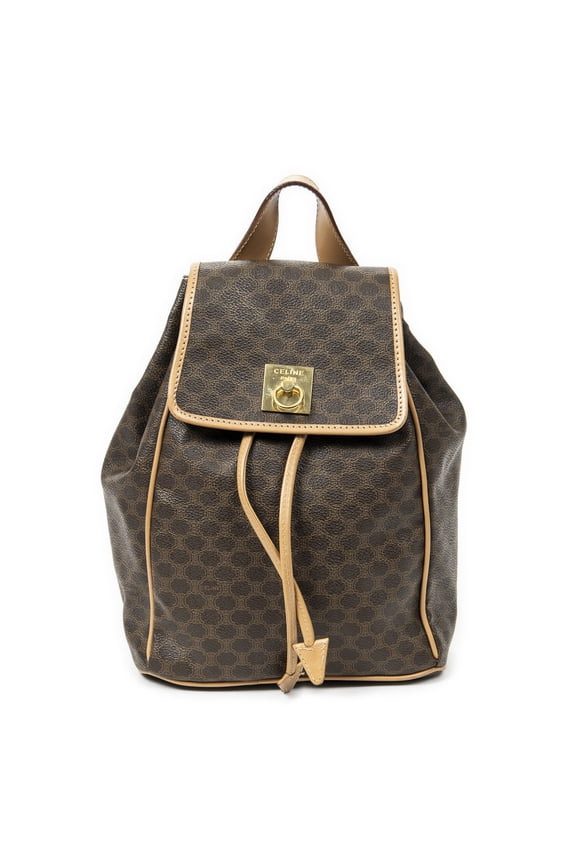 Pre-Owned Celine Brown/Tan Small Flap Drawstring Backpack Handbag Macadam Coated Canvas