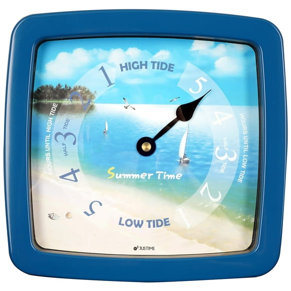 JUSTIME 8.5 Inch Atlantic Tide Clock for East Coast, High Tide Low Tide Clock with Plastic Water Resistant Case, Colorful Graphics Designed Home Wall Décor (TT423BB Beach Blue)
