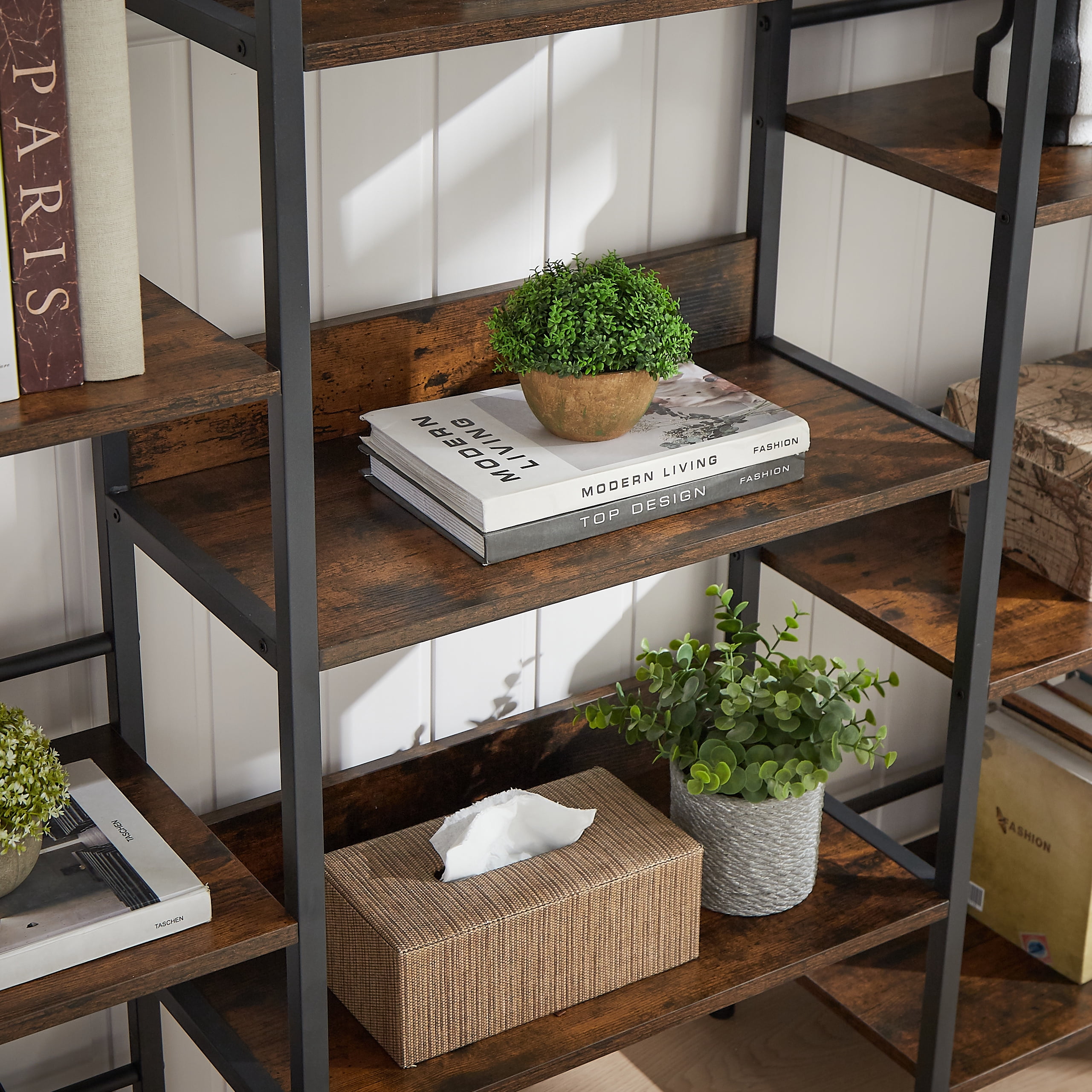 Aukfa 5-Shelf Tall Bookshelf, Modern Large Open Bookcase for Living Room Bedroom, Brown