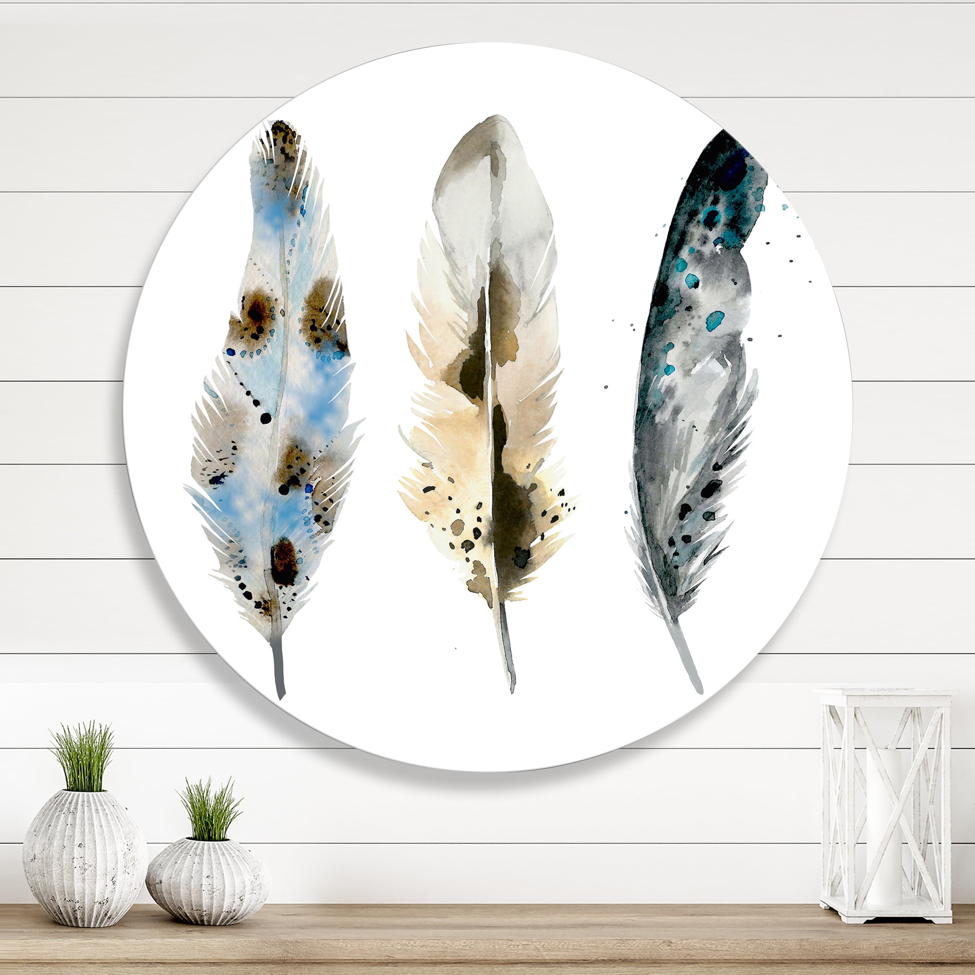 Designart 'Colourful Boho Art Feathers V' Bohemian & Eclectic Circle Metal Wall Art 11x11 - Disc of 11