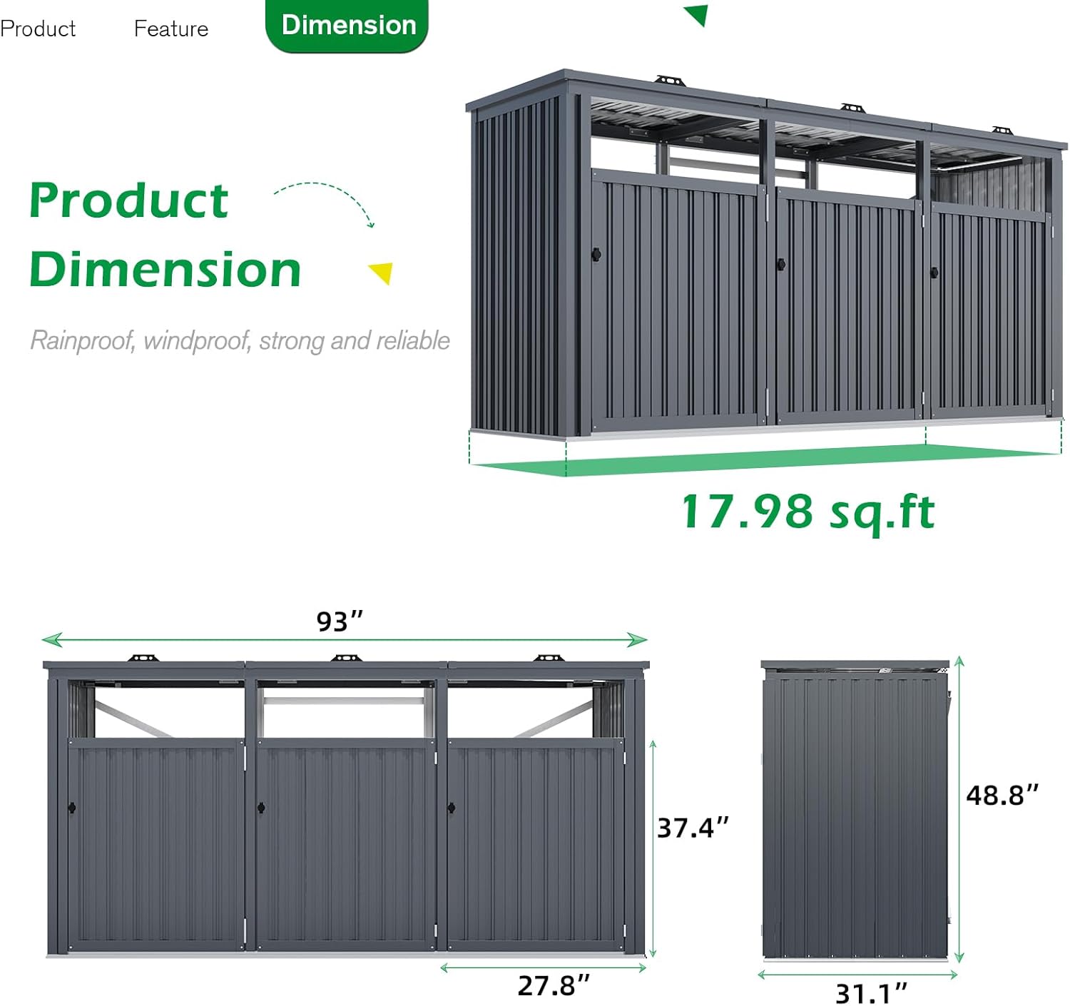 AECOJOY 77 CU.FT Outdoor Trash Can Storage Shed, Metal Garbage Storage Shed for 3 Trash Cans, Heavy Duty Cabinet Waterproof for Garden, Backyard, Lawn and Patio