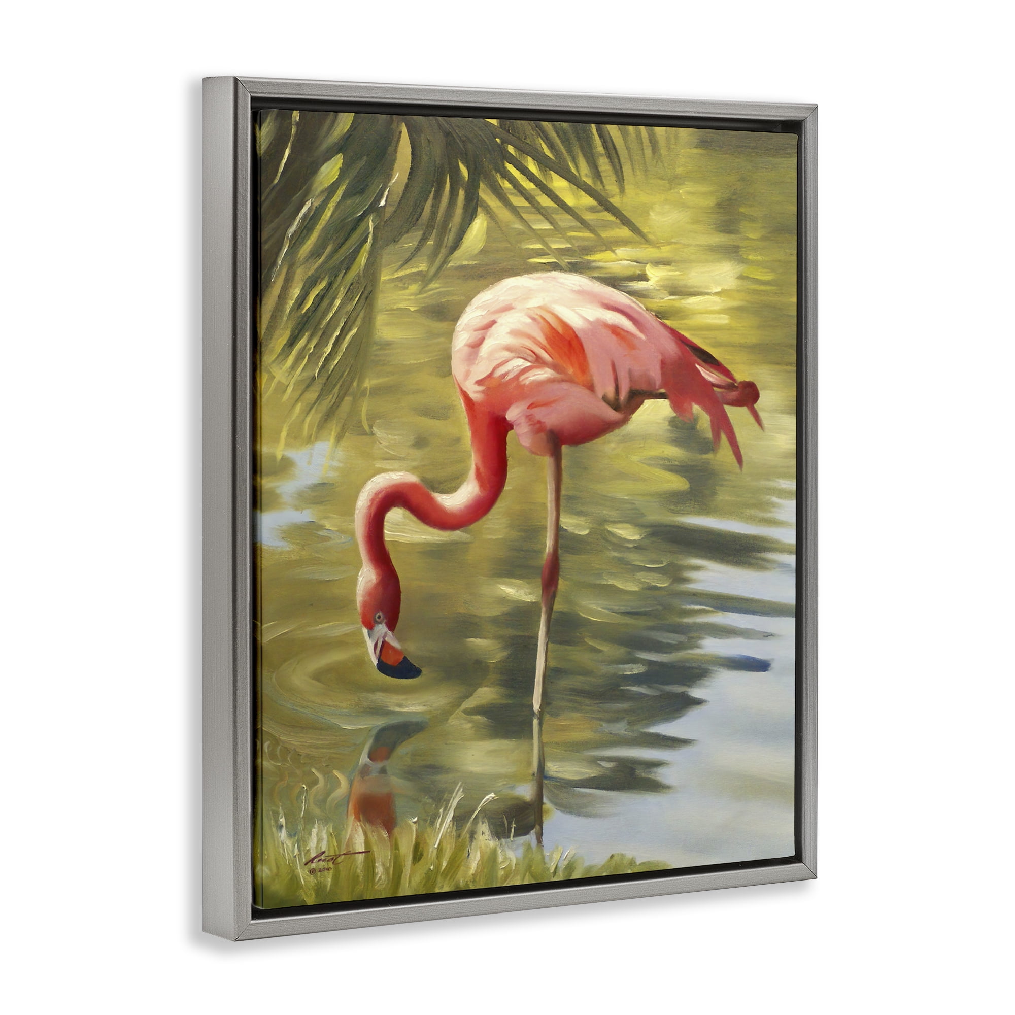 Stupell Industries Flamingo Shallow Pond Animals & Insects Painting Gray Floater Framed Canvas Art Print Wall Art, 17 x 21