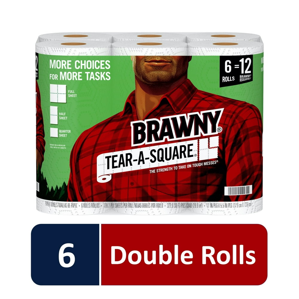 Brawny TearASquare Paper Towels, White, 6 Double Rolls