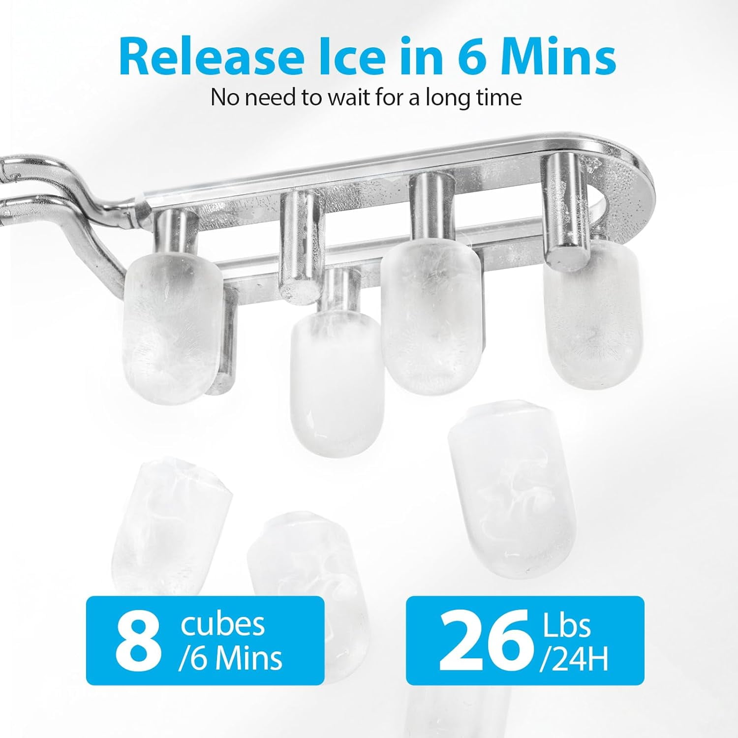 Ice Maker Countertop 26lbs/24H, Ice Machine 8 Ice Cubes Ready in 6 Mins, 2 Sizes of Bullet Ice Portable Ice Makers with Basket & Scoop, Auto Self-Cleaning for Home/Kitchen/Office Stainless