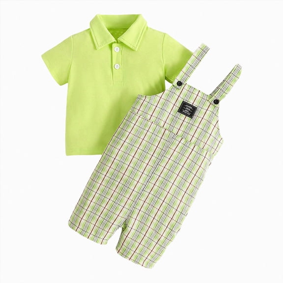 Wamejoo Baby Boy's Clothing Outfits for Boys Kids Summer Round Neck Short Sleeved 1t 2t 3t 4t 5t 6t Solid Color Short Sleeve Plaid Bib Jumpsuit Toddler Boy Clothes Outfit 2 Piece
