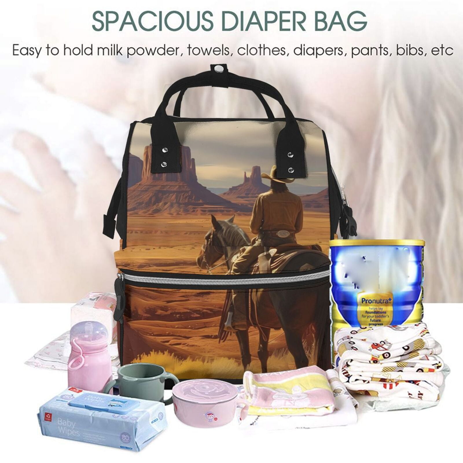 Ratiio Western Desert Cowboy Cloud Mummy Backpack - Waterproof Twill Canvas, Large Capacity Diaper Bag with Multiple Pockets and Adjustable Straps
