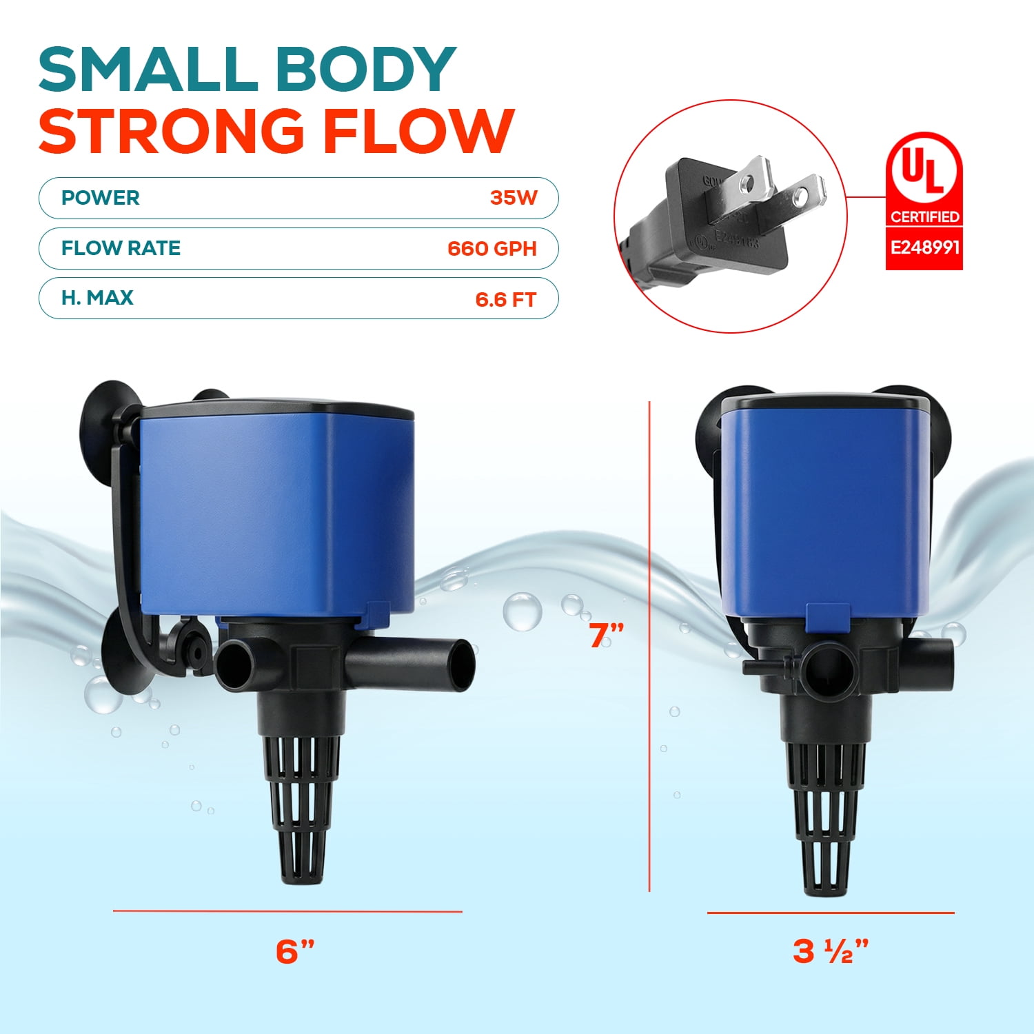 Aquarium Internal Filter Pump 660 GPH, 3-in-1 Water Pump with Oxygenation, Quiet Submersible Filter for Fish Tanks