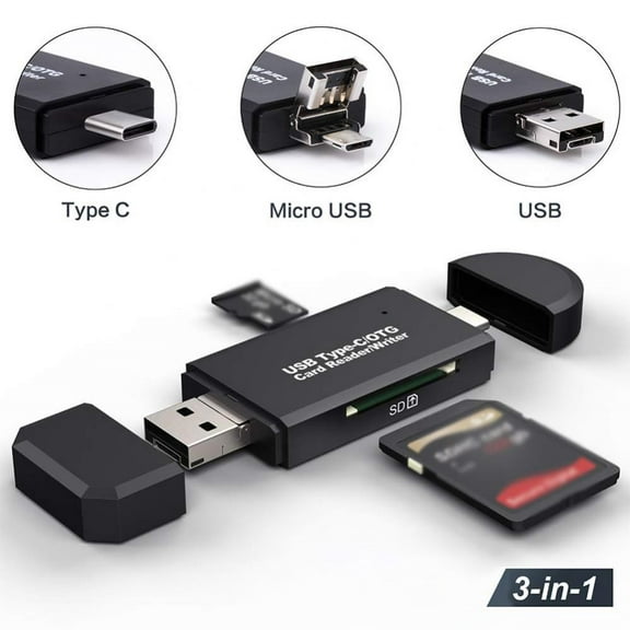 Type C Card Reader, 3-in-1 USB 2.0 Portable Memory Card Reader and Micro USB to USB C OTG Adapter for SD-3C SDXC SDHC MMC RS-MMC UHS-I Cards
