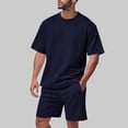 thumbnail image 2 of FRSASU Men's Casual Jacquard Knit Short Sleeve T Shirts and Shorts Summer Beach Vacation 2 Piece Outfit Lounge Workout Sets Navy, 2 of 6