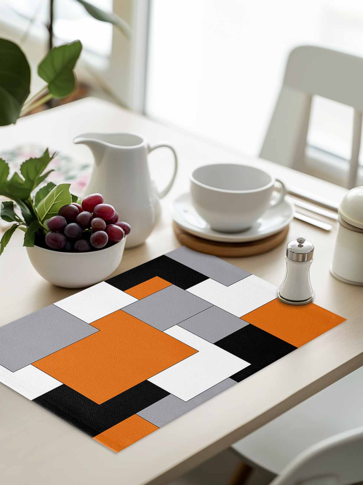 Orange Black Grey Placemats Set of 4, Middle Century Irregular Geo Abstract Art Placemats for Dining Table, Place Mats for Kitchen Tabletop, Waterproof Wipeable Dining Table Mats Set