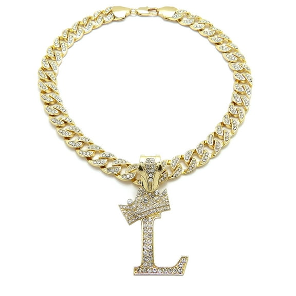 iJewelry2 Kings and Queens Crowned Initial Letter L Crystals Pendant Gold-tone Cuban Linked Chain Necklace