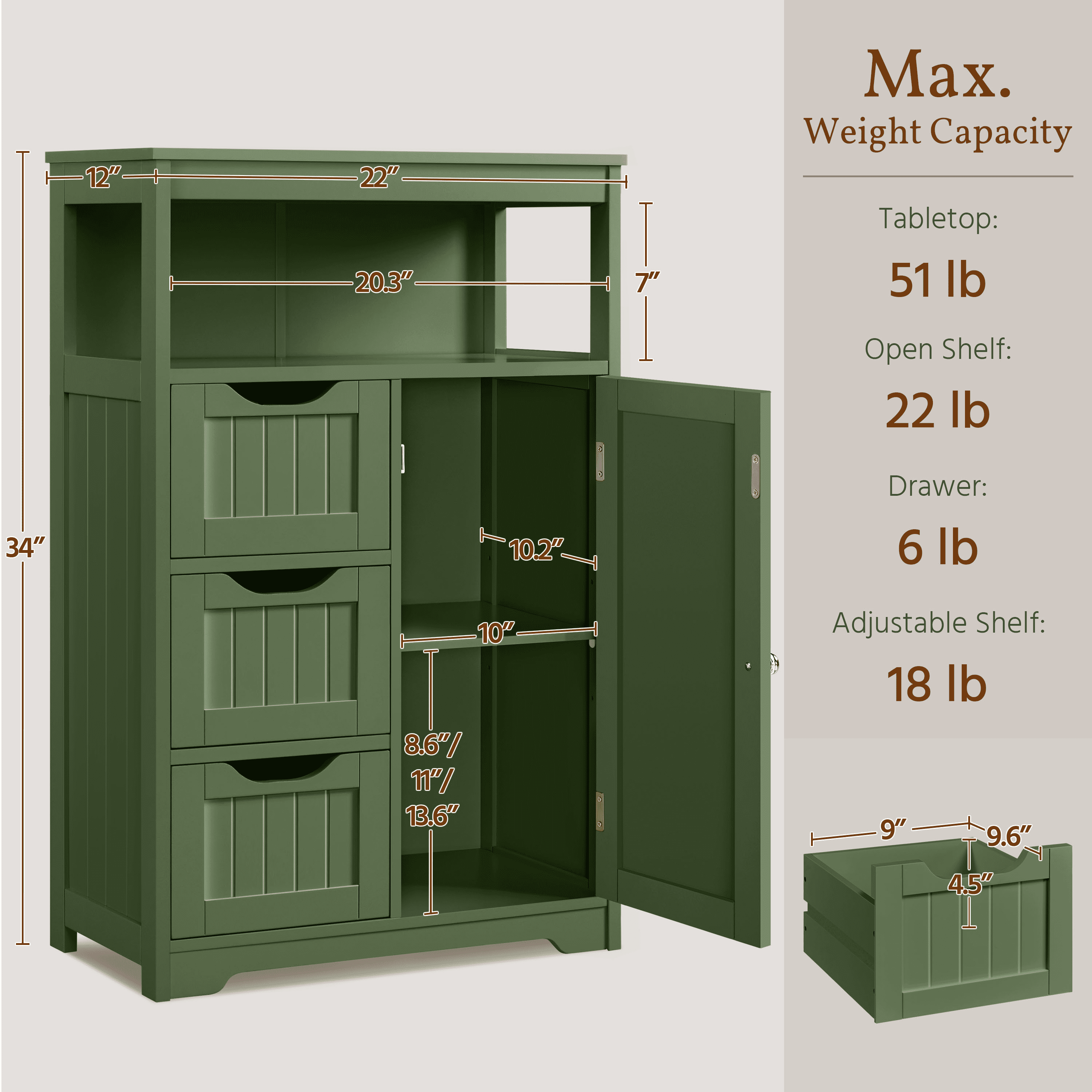 Alden Design 34″ Tall Bathroom Floor Cabinet with Adjustable Shelf and 3 Drawers, Green