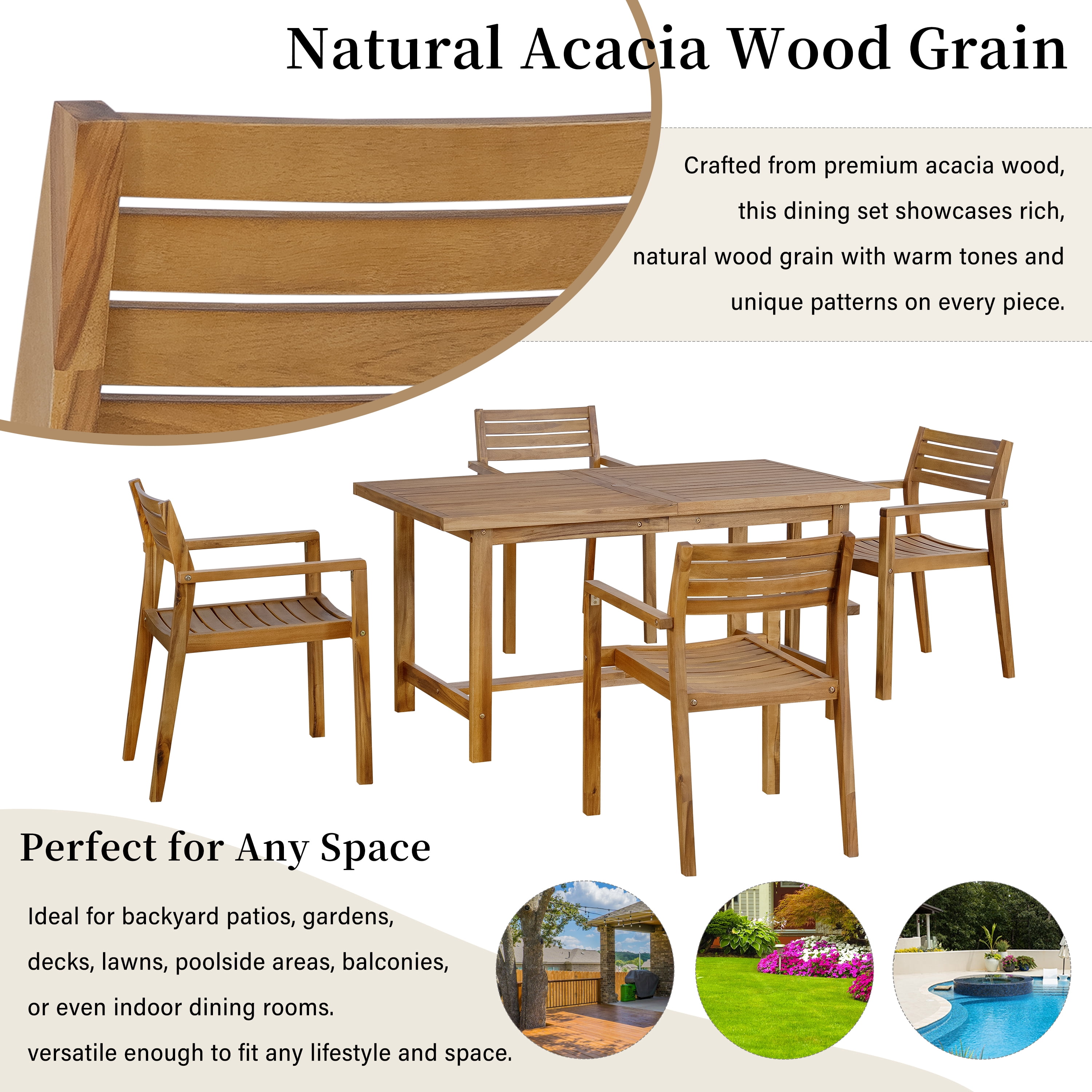 Mintazer 59" 5-Piece Outdoor Dining Set with Chairs & Umbrella Hole, Patio Furniture Set for Garden Backyard Poolside, Natural Brown