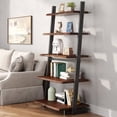 thumbnail image 5 of 5-Tier Solid Wood Ladder Bookshelf with Natural Live Edge, Walnut Finish, Leaning Space-Saving Shelf for Living Room, Bedroom, Home Office, 5 of 8