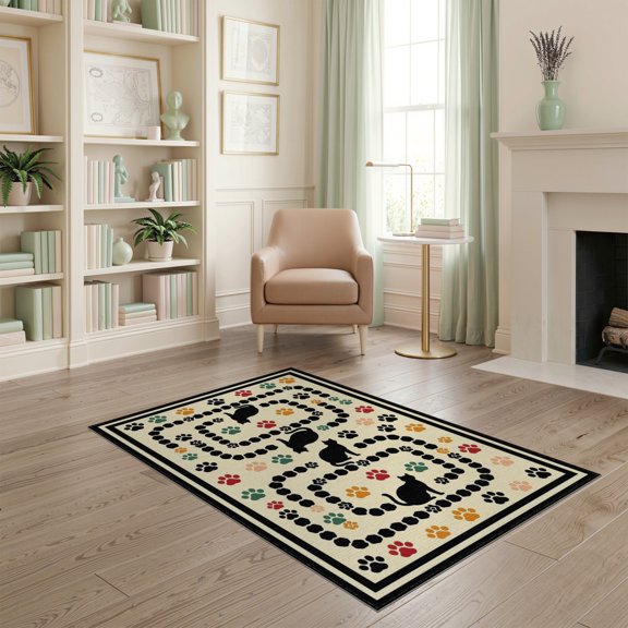 ODIKA Print Bordered Feline Motif Symmetrical Track Whimsical Round Flowing Dynamic for Dorm Room, Small Living Apartment, Stain Resistant Low Profile