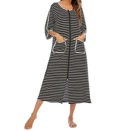

Womens Robes Dressing Gowns Stripes Zipper Three-Quarter Long Sleeve Bathrobe with Pockets Nightwear