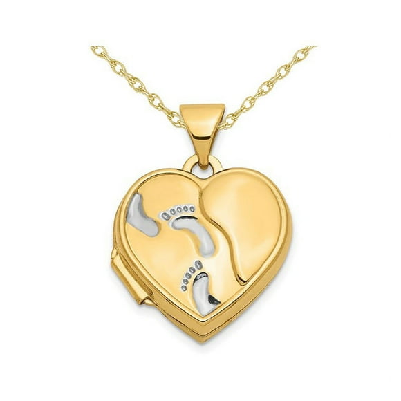 Footprints Heart Locket Pendant Necklace in 14K Yellow Gold with Chain