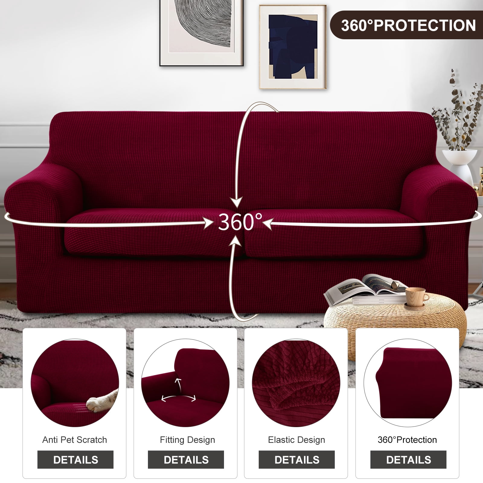 U-NICE HOME 3 Pieces Stretch Couch Cover Sofa Cover Washable Sofa Slipcover With Individual Seat Cushion for 2 Cushion Couch Sofa Pet Friendly, Burgundy