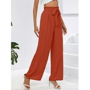 Chiclily Women's Wide Leg Pants with Pockets Lightweight High Waisted Adjustable Tie Knot Loose Trousers Flowy Summer Beach Lounge Pants, US Size Large in Burnt Orange