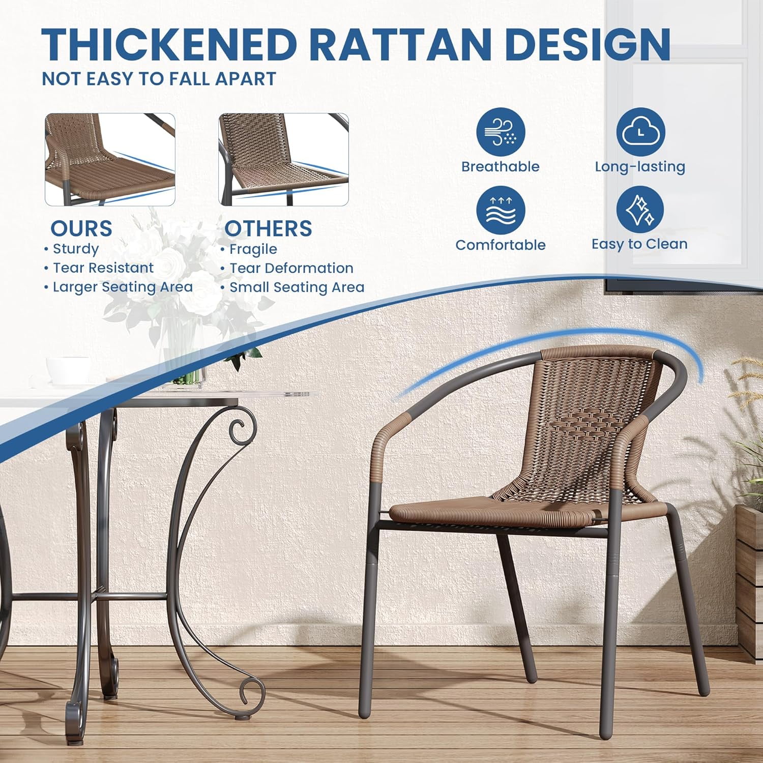 UDPATIO Rattan Outdoor Dining Chairs Set of 6, Wicker Stackable Patio Chairs, for Indoor Restaurant Porch Deck, Brown