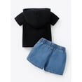 thumbnail image 3 of 9 Months Infant Baby Boys Clothes 12 Months Infant Boys Summer 2PCS Outfits Letter Print Short Sleeve Hooded Shirt Top Denim Shorts Set Black, 3 of 5
