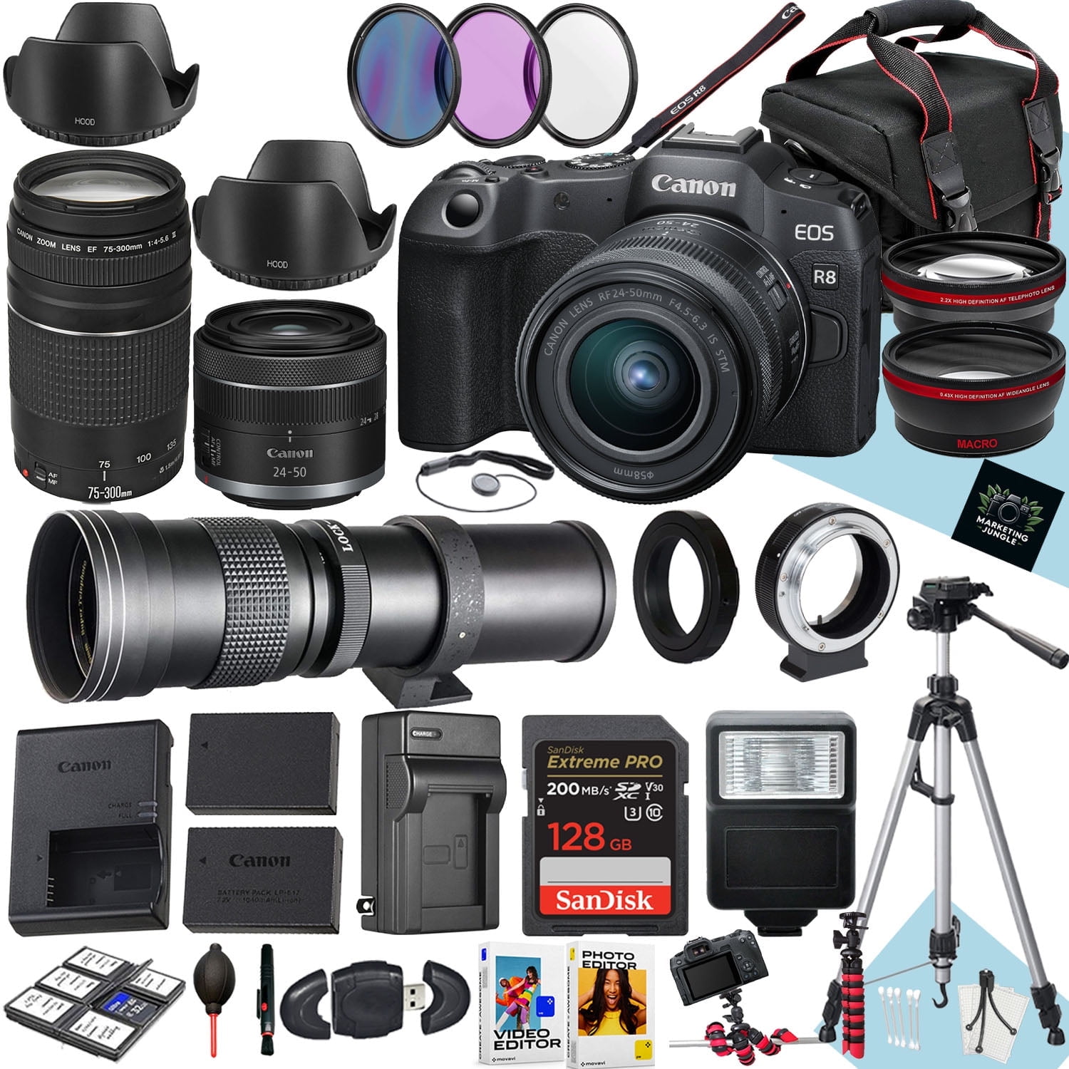 Canon EOS R8 Mirrorless Camera with 24-50mm, 75-300mm and 420-800mm Lens + 128 GB Memory + Hood + Monopod + Filters + Tripod + More (34pc Bundle) (International Version)