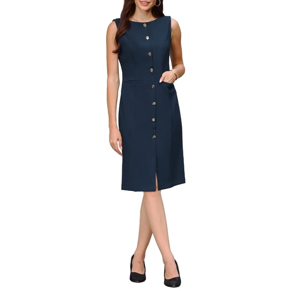 INSPIRE CHIC Women's Sleeveless Pencil Dress Boat Neck Button Decor 2026 Work Office Sheath Dresses with Pockets S Navy Blue