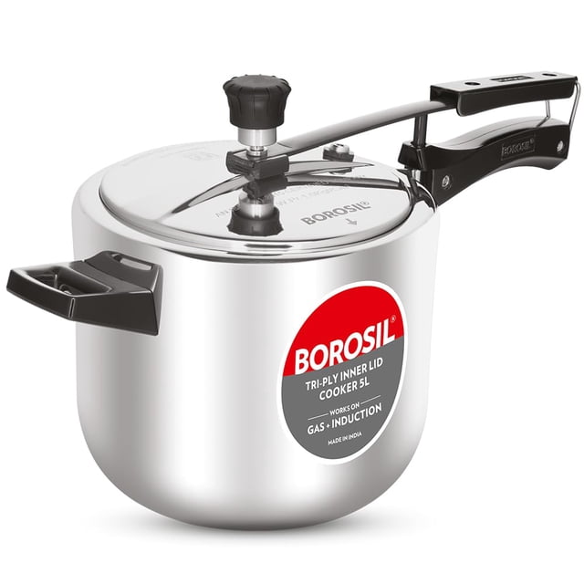 Triply Inner Lid Stainless Steel Pressure Cooker - 5 Liters, Silver | Stay Cool Handles, Even Heat Distribution - Gas & Induction Campatible